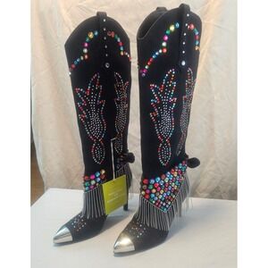 Gianni Bini 9 Kaitrin Denim & Jewels Tall Heeled Boots Metal Fringe $229 NWOB